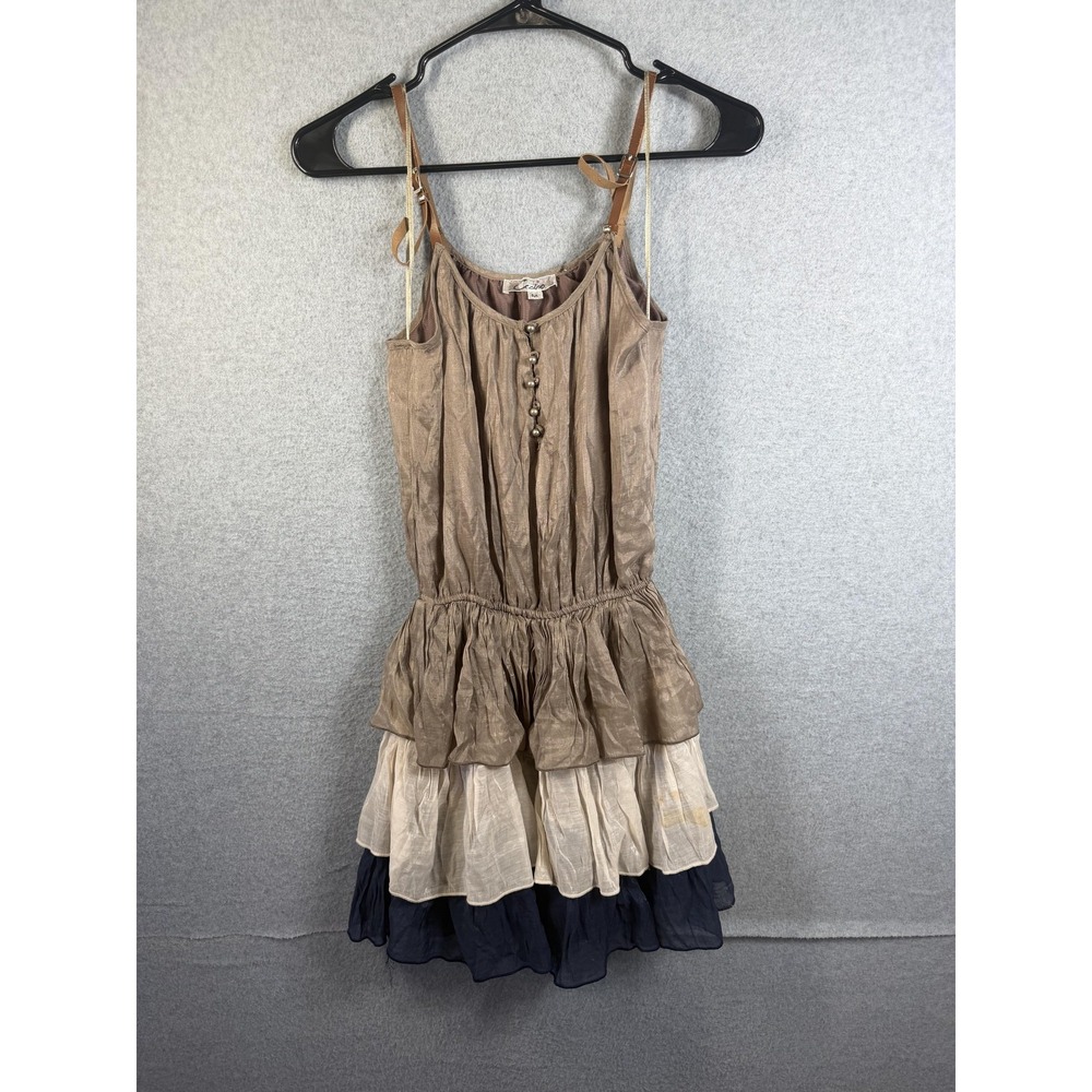 Cecico Dress Womens Medium Brown Navy Colorblock Ruffle Tiered Boho Sundress
